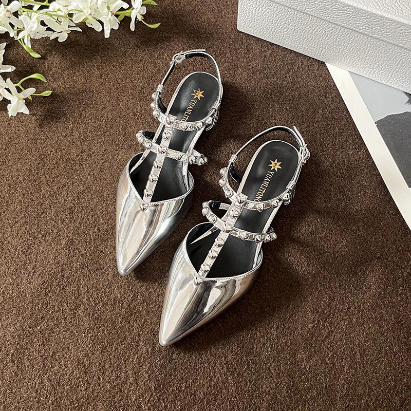 Warren 2025 Autumn and Summer New Fashion Bag Head Sandals Women's Temperament Rivet Trip Strap Pointed Single Shoes Women's Summer Wear