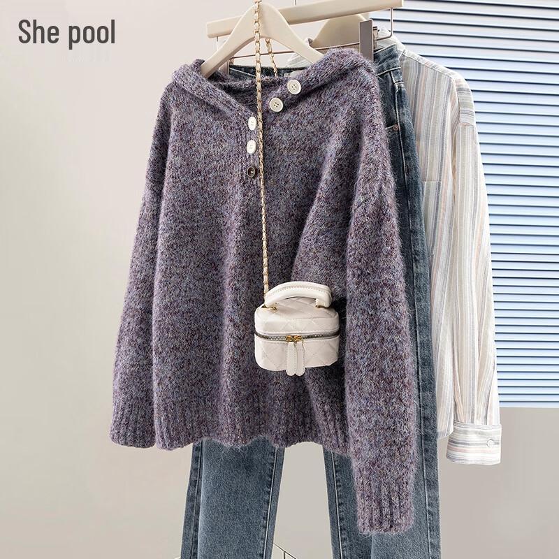 

Women s Cozy Hooded Lamb Wool Blend Loose Pullover L