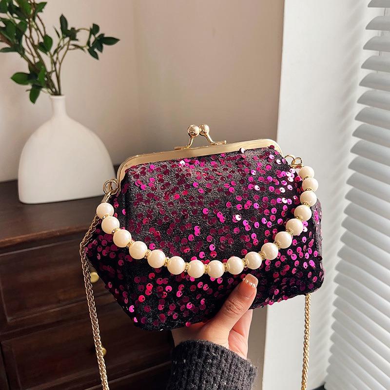 Spring new dinner bag clip sequin bag pearl chain women's bag oblique span shoulder bag shell bag