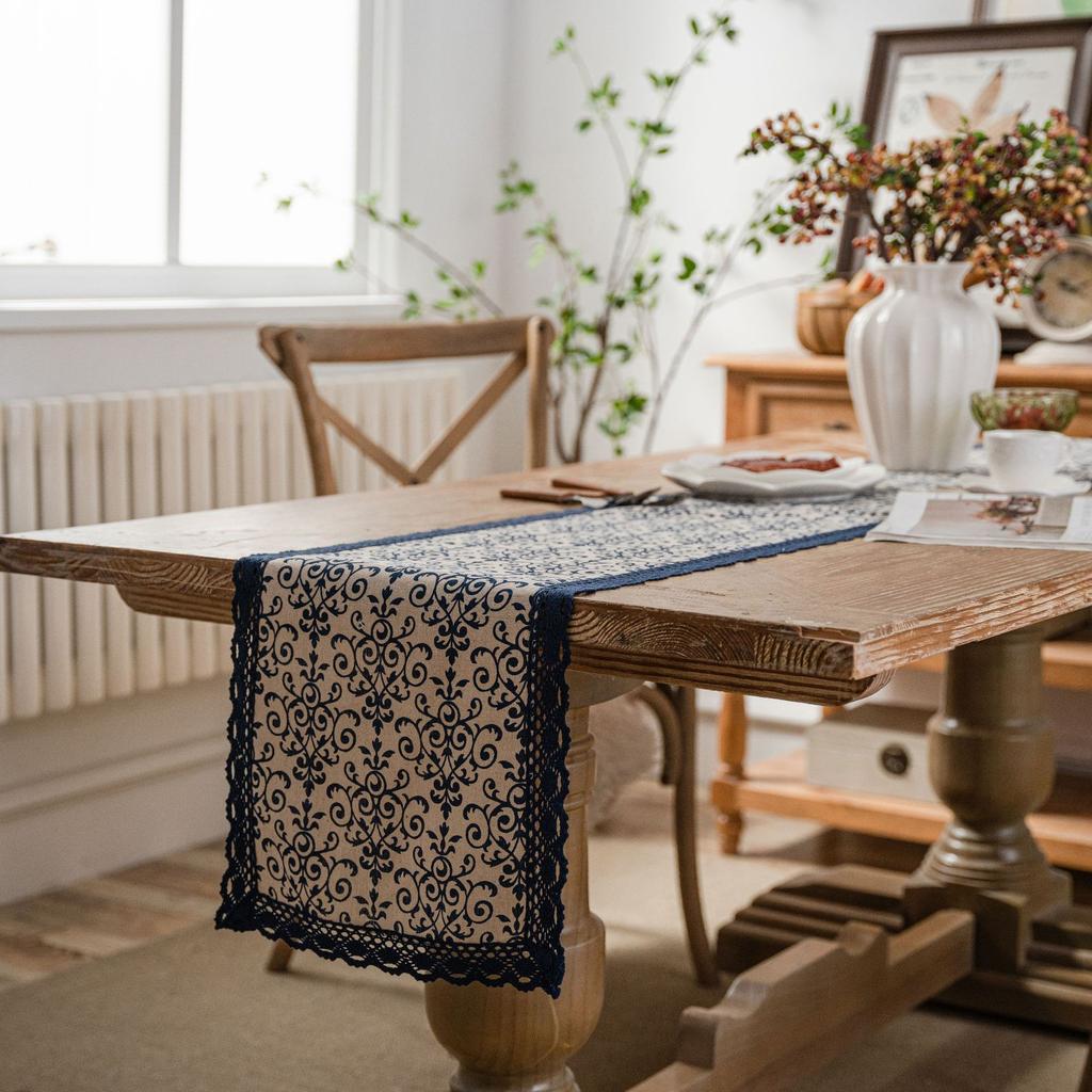 BEPAN Table Runner Printed Countryside Navy Blue Lace Blue and White Porcelain Table Tea Flag Dining Flag Long Strip