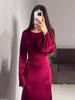 2024 Spring Slimming Waist Tie Solid Color Long Sleeve Maxi Dress