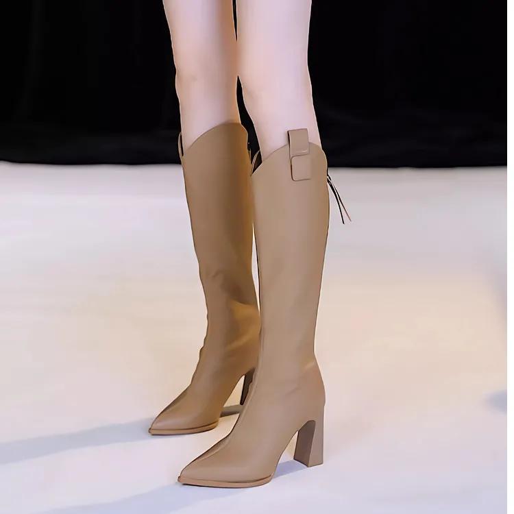 women cool pointed toe brown spring & autumn high heel boots lady casual comfort party shoes botas femininas ab699
