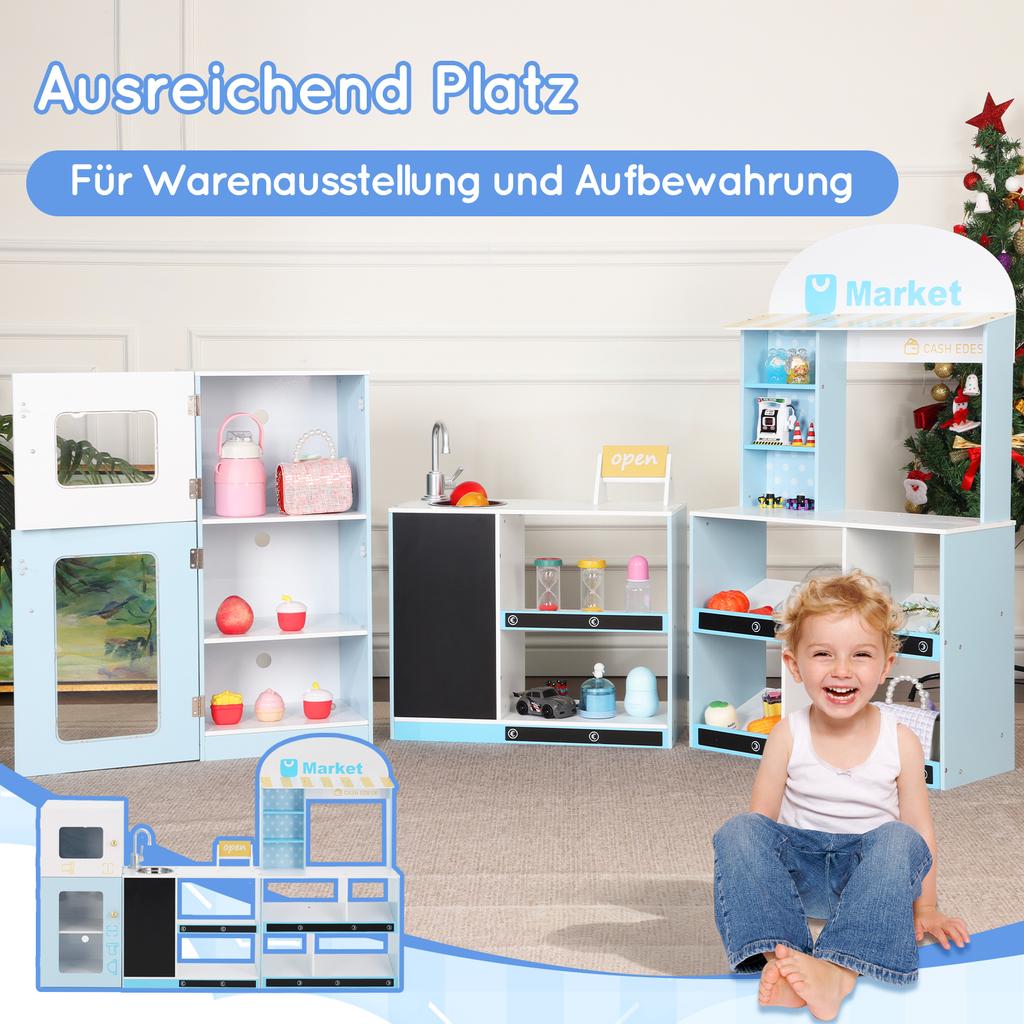 Loja de Brinquedo para Crianças, Brinquedo Educativo para Crianças a partir de 3 Anos, Madeira + Plástico, Azul, 30x155x