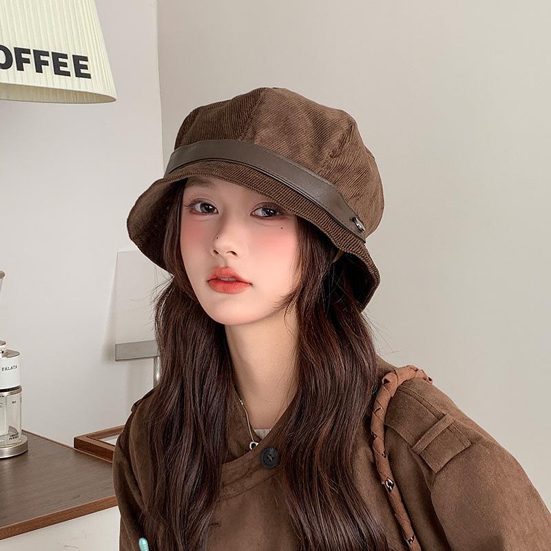 New Retro Corduroy Fisherman Hat Autumn and Winter Style Face Showing Small Basin Hat Hepburn Style Versatile Bucket Hat for Women