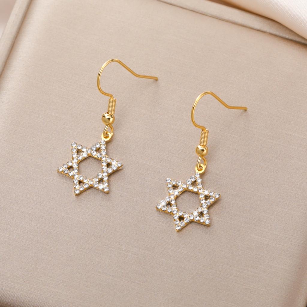Jeshayuan Star of David Pendant Earrings with Zircon Bling David Star Drop Earrings Luxury Anniversary Wedding Jewelry Gift