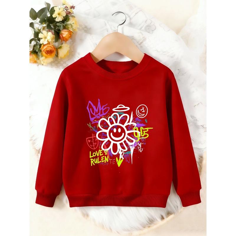 Unisex Kids Crewneck Sweatshirt, Graffiti Smiley Daisy Love Rule Print Pullover, Boys Girls Street Style Casual Sweatshirt For Kids Over 4 Years Old