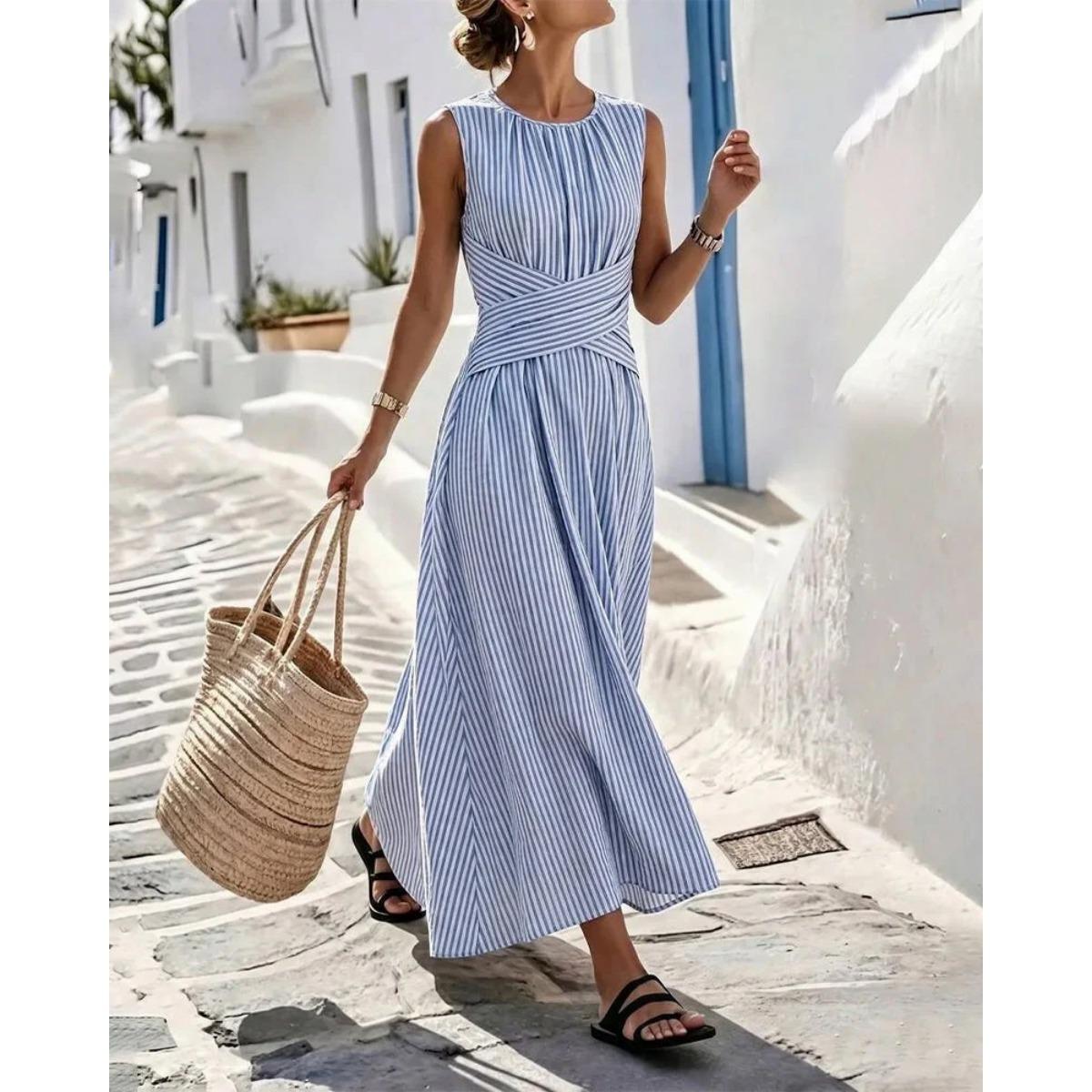 Women s Cross Waist Striped Sleeveless Round Neck Tank Dress, Casual Summer Dress for Women European American Style S