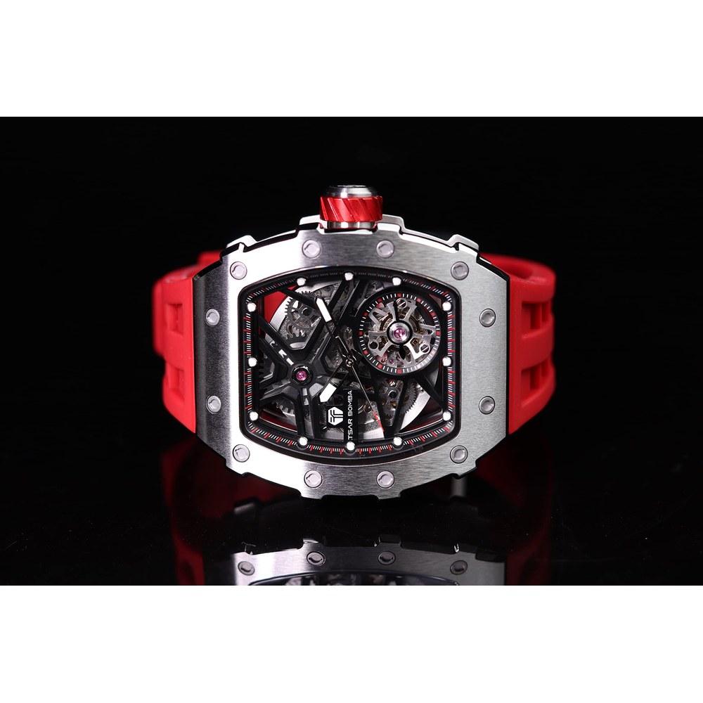 TSAR BOMBA Men's Skeleton Watch Tonneau Face 50M Water-Resistant Stainless Steel Luminous Japan Movement Red Silicone Band