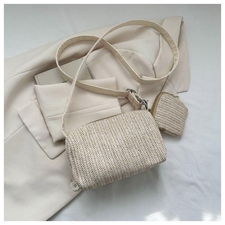 White Khaki Street Fashion Straw Woven Crossbody Handbag белый