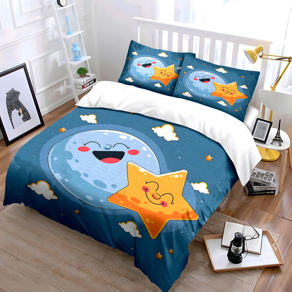 Moon and Star Cartoon Bedding Set Bedding Duvet Cover Set Duvet Cover Pillowcases (1 * Duvet Cover 2 * Pillowcases, Without Duvet Insert)