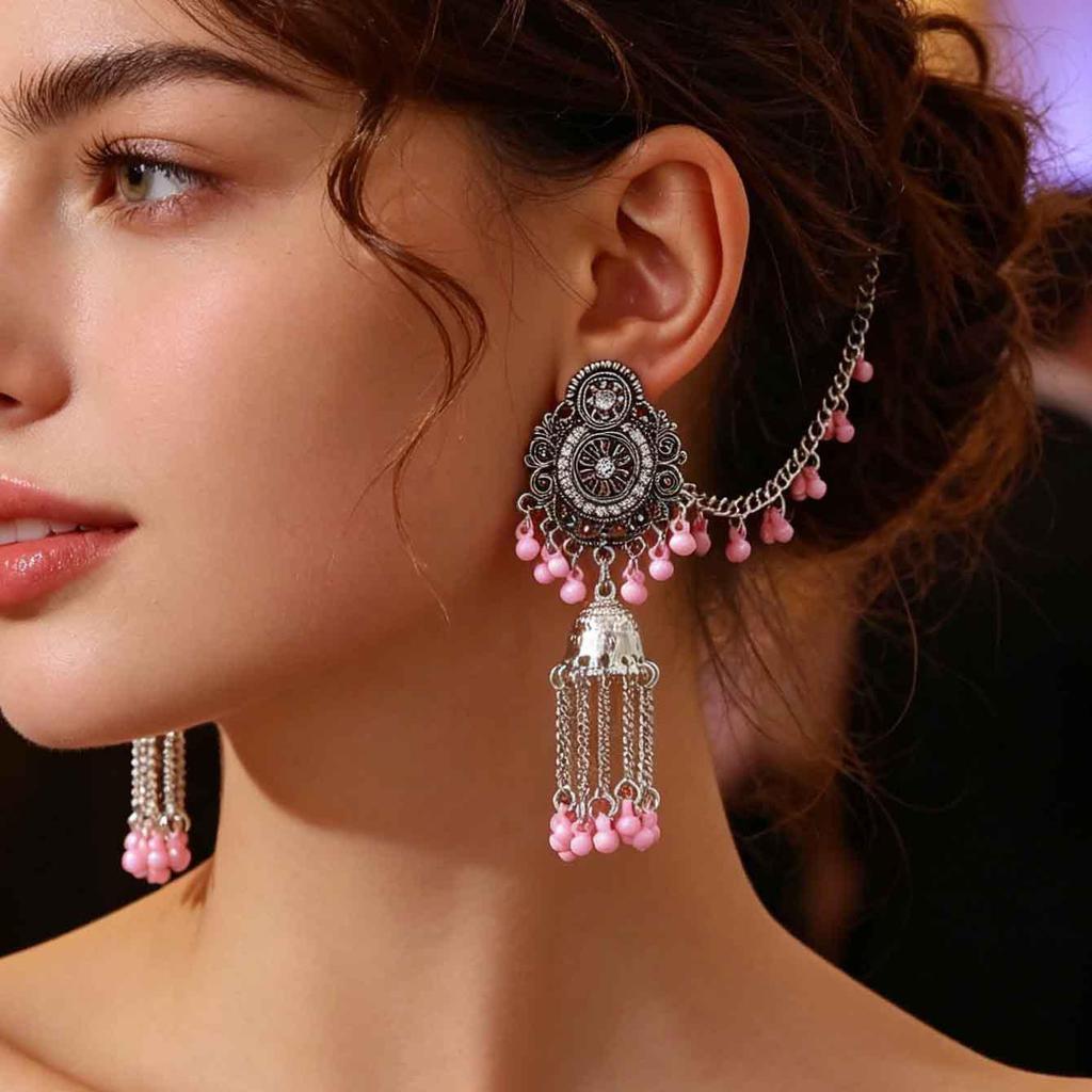 Bohemian Indian Carved Tassel Earrings - Elegant Ethnic Studs for Women