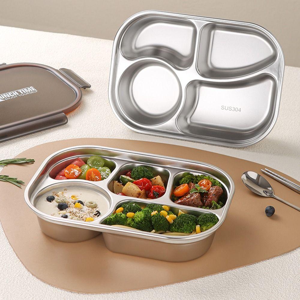 Leak-proof Portable Food Container 304 Stainless Steel Divided Lunch Plate  Students