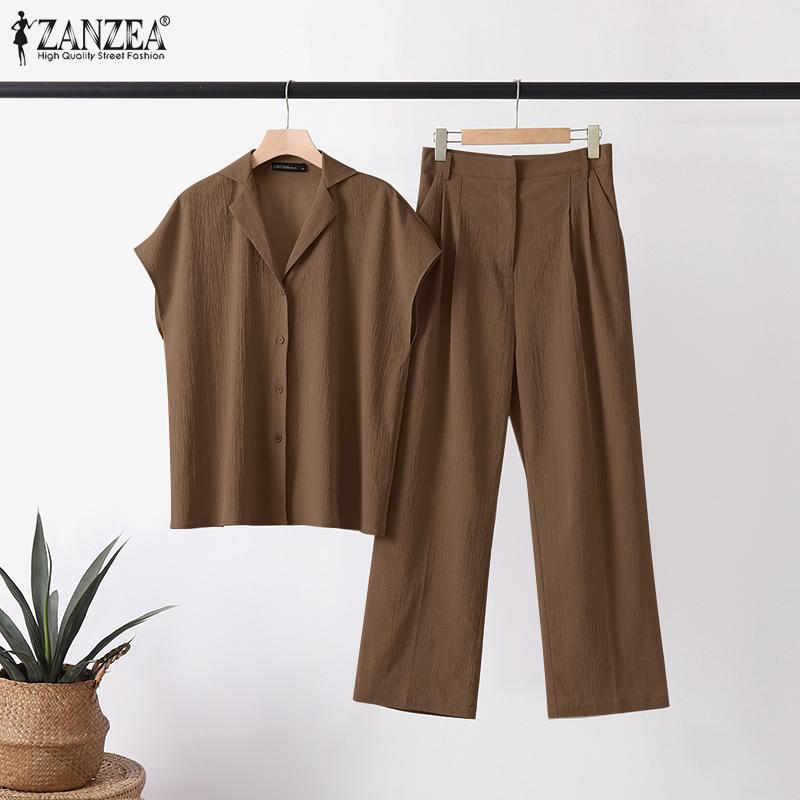 

ZANZEA Летняя одежда, женская блузка с короткими рукавами и брюки, повседневный костюм из двух предметов