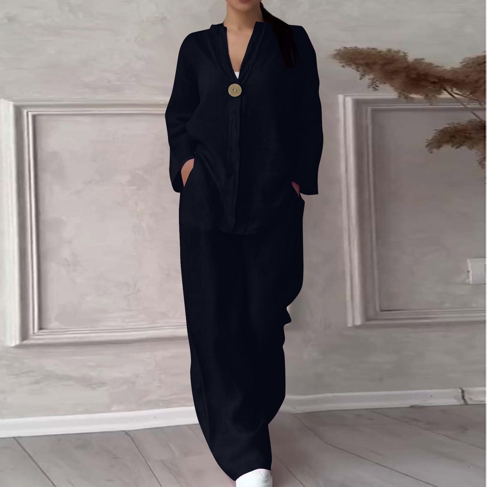 

Женский пуловер с круглым вырезом и v-образным вырезом, повседневные длинные брюки из хлопка и льна с длинными рукавами, модный костюм XXXXXL чёрный