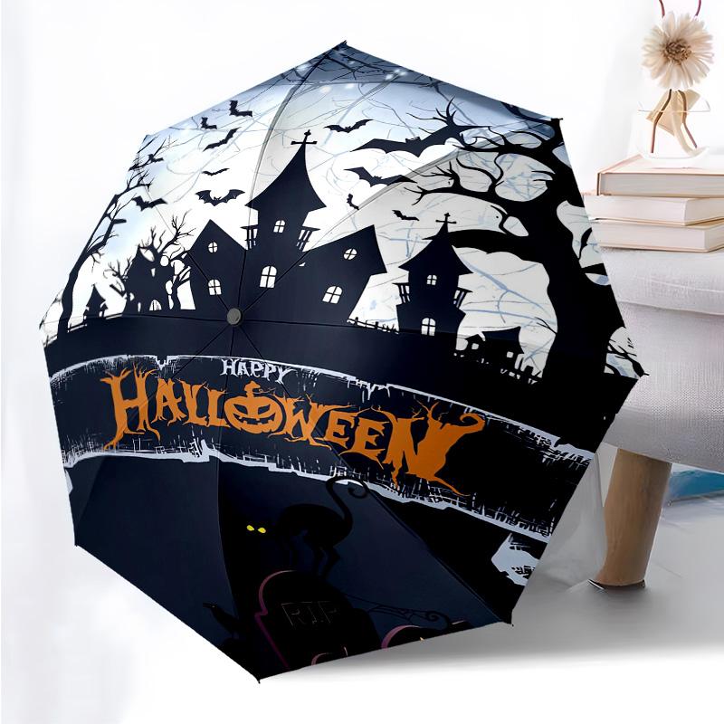 Happy Halloween Themed Folding Umbrella Fashion Auto-Open 8 Iron Ribs Plastic Handle Foldable Sunshade Perfect Christmas Gifts