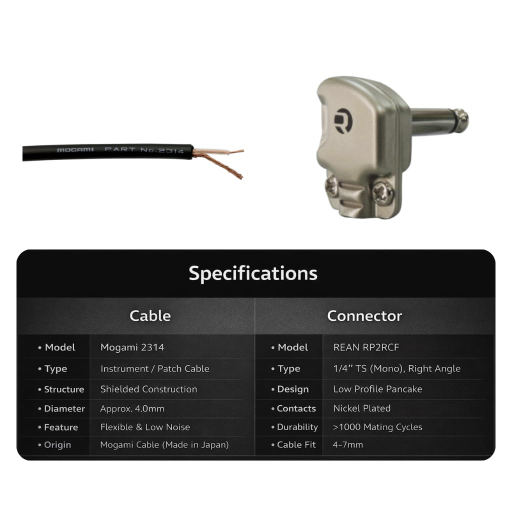 Patch Cable, L-shaped to L-shaped, Low Profile, Pancake Plug, for Guitar Effects Pedals, Selectable Length (30 cm)