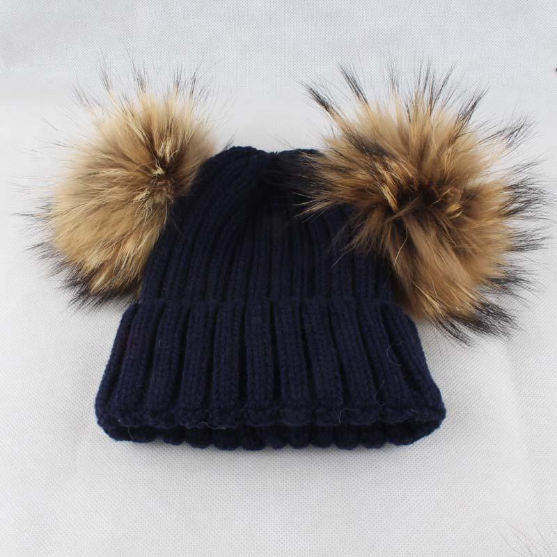 Kids Knitted Beanie Hat With Double Pom Poms Striped Ribbed Cuffed Winter Warm Boys Girls