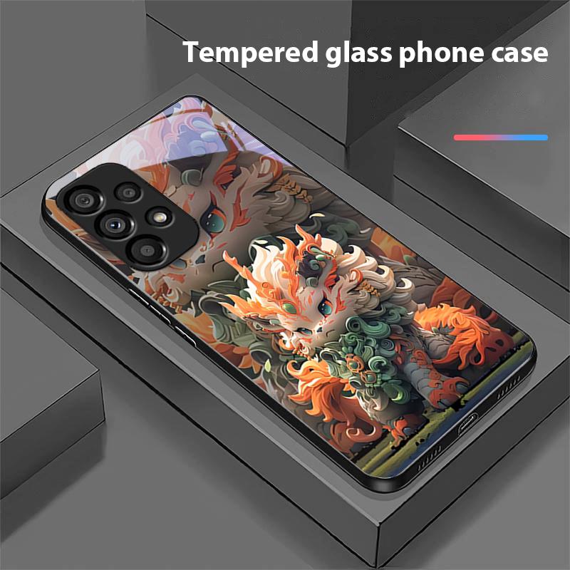 Chinese Style Lion For Samsung Galaxy S 8 9 10 20 Plus 21 FE 22 23 24 Ultra S7 Edge Black Tempered Glass Phone Case Hard Shell