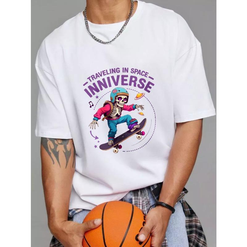 Bílé tričko s kulatým výstřihem s potiskem bílé kostry na skateboardu ve vesmíru s hudbou a planetami, cestování vesmírem, text Inniverse, ležérní oblečení pro muže a ženy