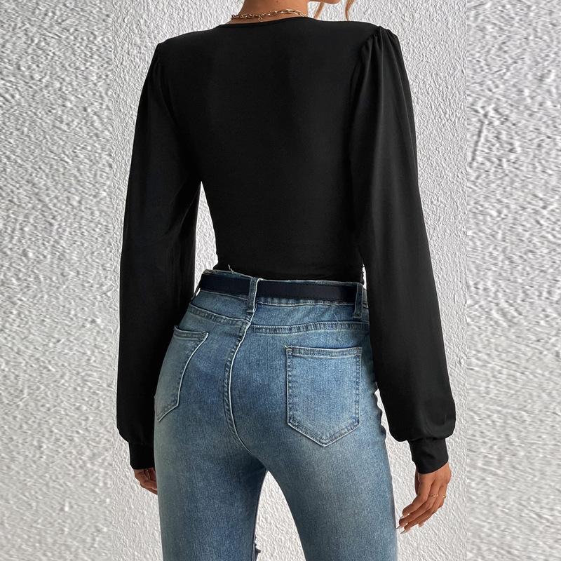 Autumn Spring Women Sexy Deep V-Neck Long Sleeve Solid Tops Blouses Women's Slim Elegant Streetwear Top Femme Blouse