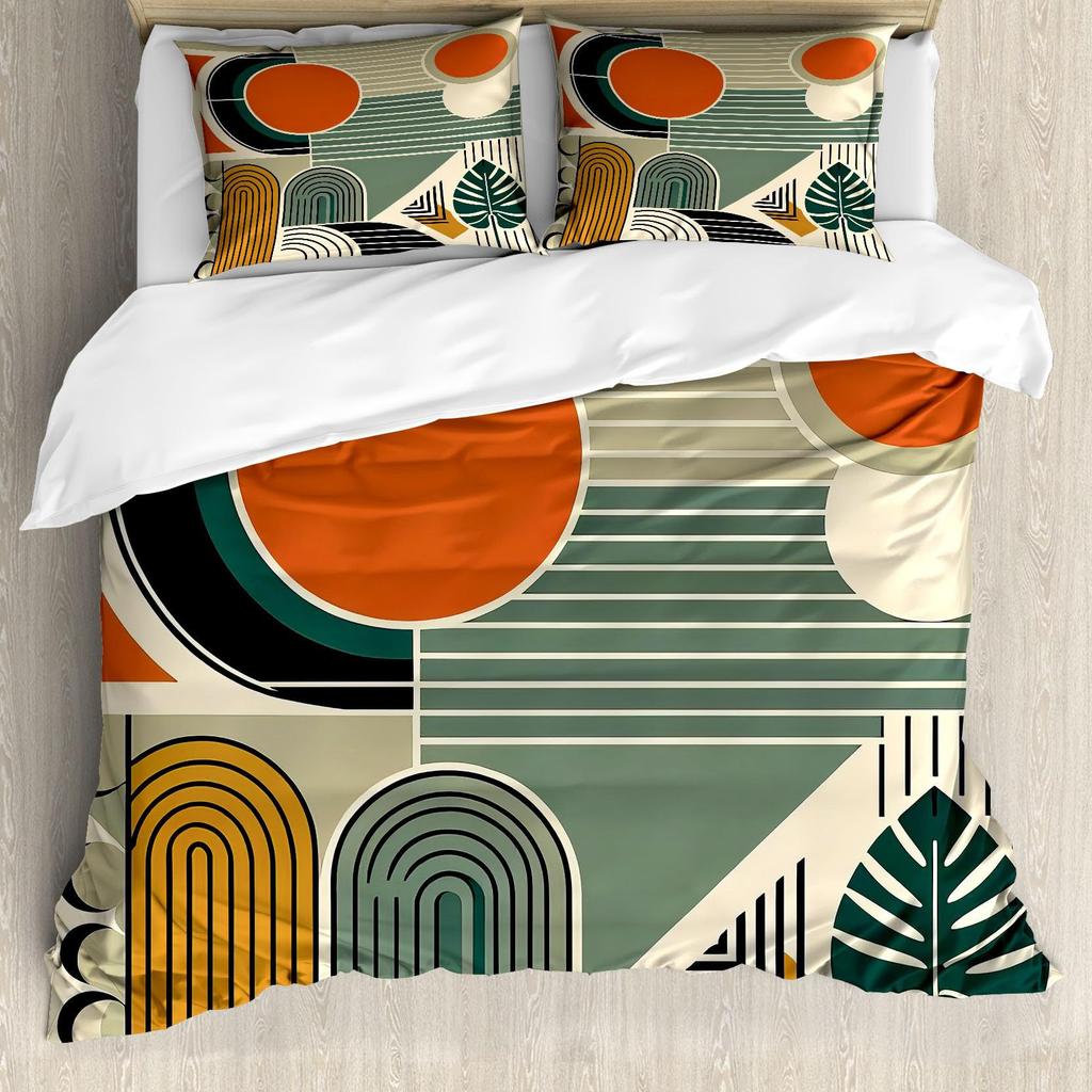 Mid Century Modern Påslakan Set King Abstrakt Geometriska Balansformer Regnbåge Sol Cirklar Boho Täcke Överdrag Sängkläder Set