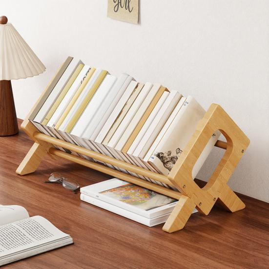 Yousheng Solid Wood Bookshelf, Desktop Book Rack with Triangular Support, Tilted Design Book Display Stand, Simple Book Storage Rack for Home Office