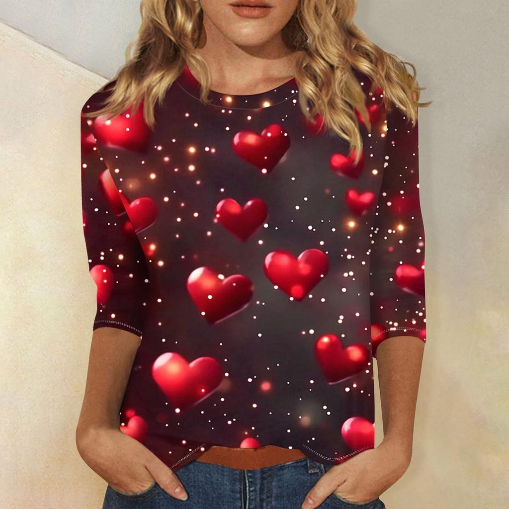 Damenmode Lässiges T-Shirt mit Rundhalsausschnitt und Dreiviertelärmeln zum Valentinstag mit Liebesherz-Aufdruck