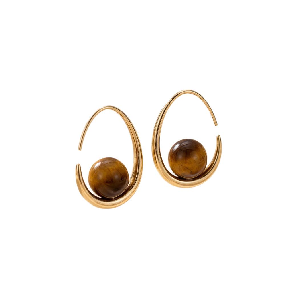 Autumn and winter Maillard wind tiger's eye stone water drop earrings French retro gold earrings niche atmosphere commuter earrings