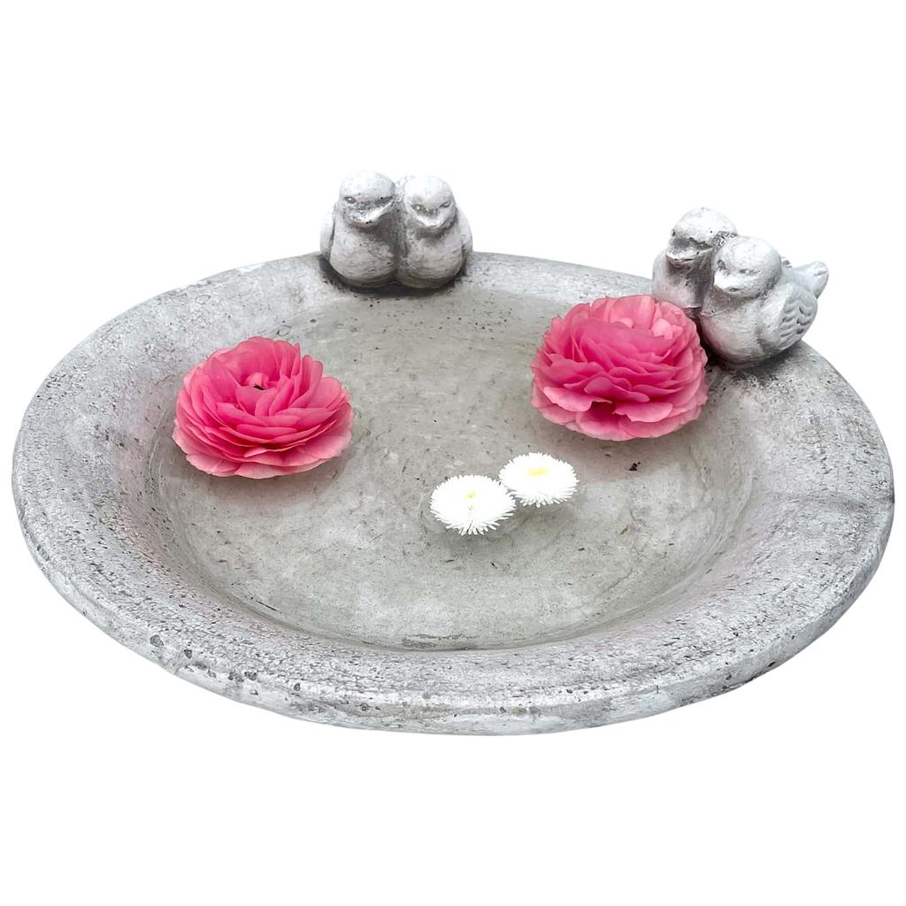 Concrete sculpture water bowl with birds gray figure