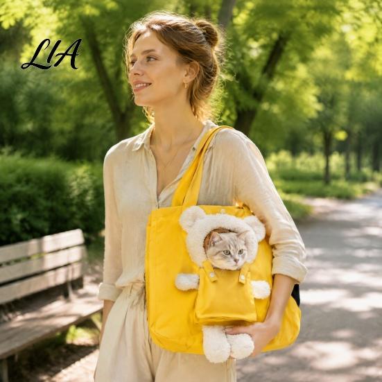 Canvas Cat Carrier Bag Purse, Front & Side Head Hole, Plush Bear Puppy Outdoor Pet Carrying Purse Tote, Portable Shoulder with Safety Buckle for Cats