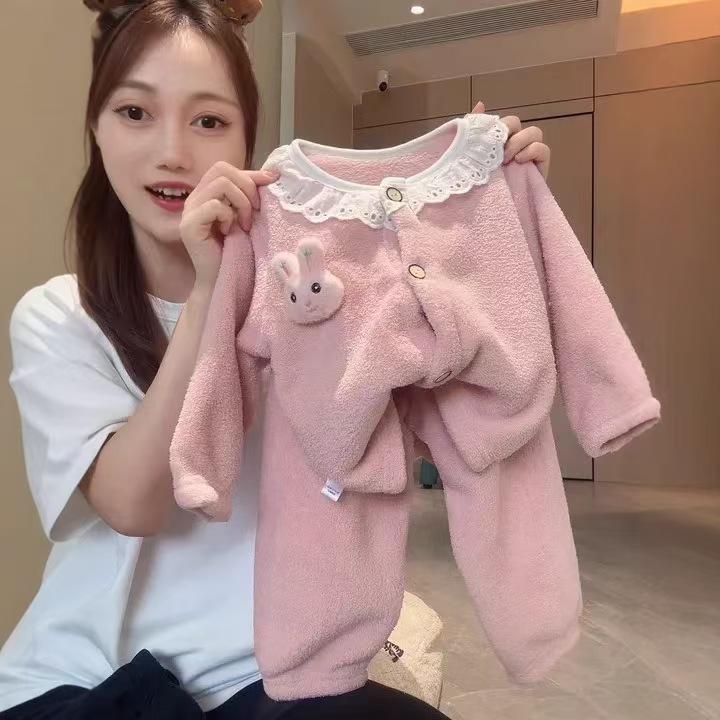 

Теплое Солнце Зимнее Кружево Домашняя одежда: Девочки Осенне-зимний Кружевной Комплект из двух предметов с круглым вырезом в повседневном стиле 80cm (recommended height 60-75cm) розовый