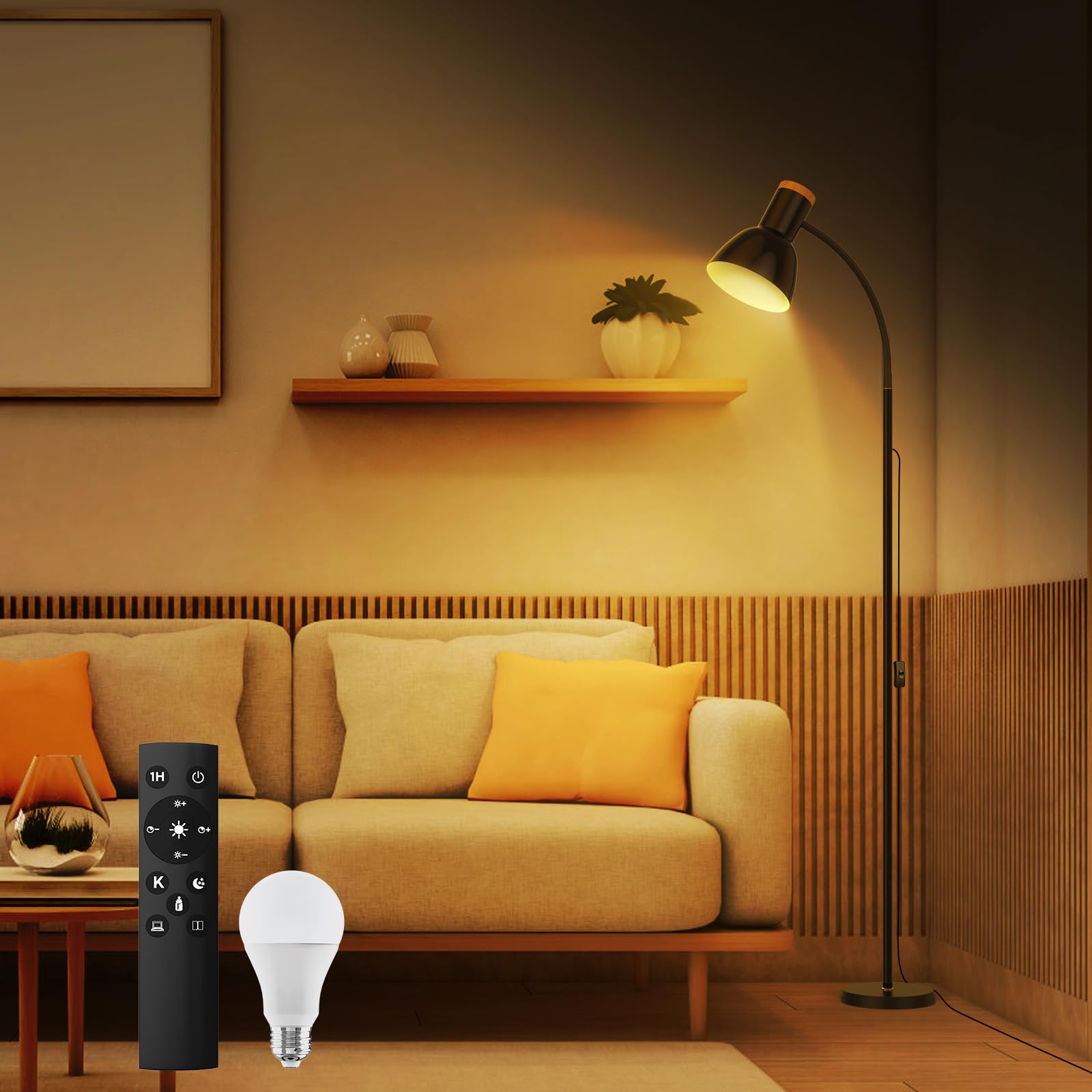 

Stylish floor lamp, stand lamp, indirect lighting, LED bulb included, E27 base, floor stand, reading light, remote control, smartphone operation,