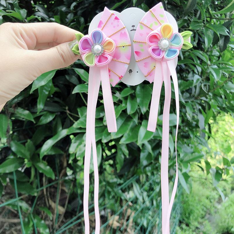 Japanese Kimono Fabric Flower Folding Fan Children Hair Accessories Clip Tassel Headwear Headdress Barrette
