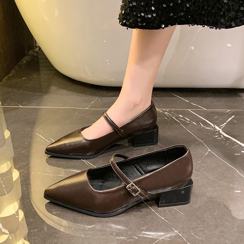 Retro Style Thick Heel Women Mary Jane Shoes Fashion Shallow Pointed Toe Ladies Comfort Office Pumps Footwear