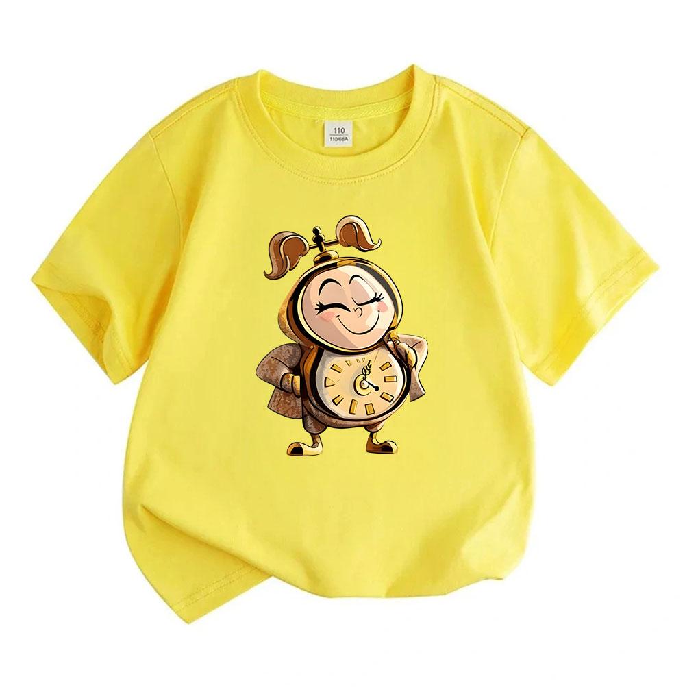 Kids Boys Girls 100% Cotton Crew Neck Short Sleeve T-Shirt, Cute Cartoon Clock Girl Printed Casual Soft Tee for Daily Wear