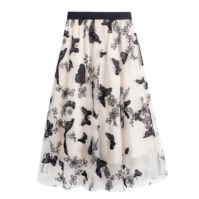 Autumn and Winter High Waist All-match Flower Stitching A-line Skirt Mesh Skirt Mid-length Long Skirts for Women Slim