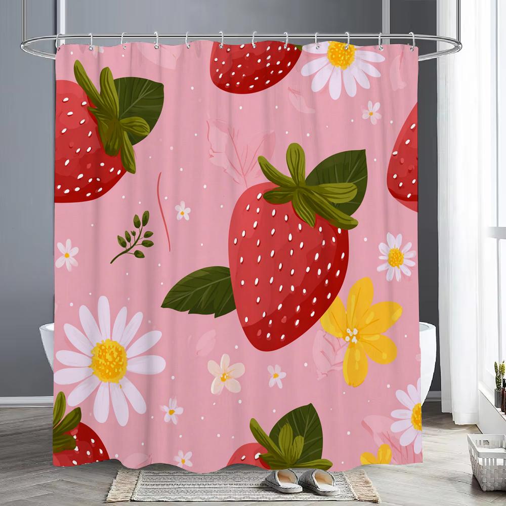 Lemon, Strawberry, Peach Tropical Fruit Shower Curtain, Bathroom Decorative Shower Curtain, Print Polyester Curtain With Hooks