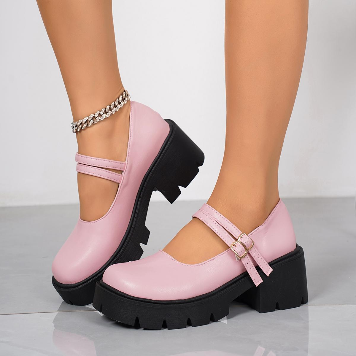 

Модная уличная женская обувь на высоком каблуке, туфли на платформе, новые весенне-летние туфли-лодочки с мелким вырезом, с пряжкой, с круглым носком, женская обувь Мэри Джейн 40 розовый