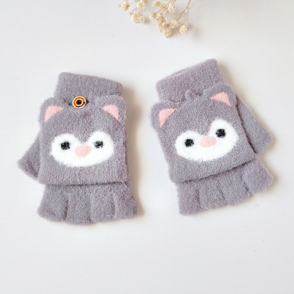 

Plush Cat Ear Children Children Gloves Half Finger Gloves Korean Knitted Mittens Flip Cover Gloves серый
