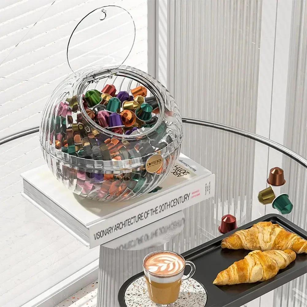 Transparent Spherical Coffee Capsules Storage Box Large Desktop Open With Capacity Decoration Lid Jar Organizer Candy Snack D5p0