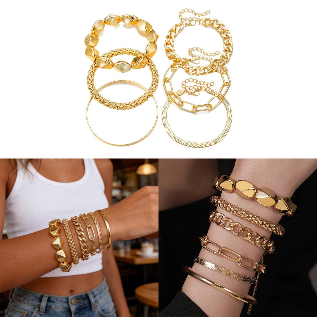 Alloy Chain Bracelet Set For Women With Geometric Design And Multilayer Style
