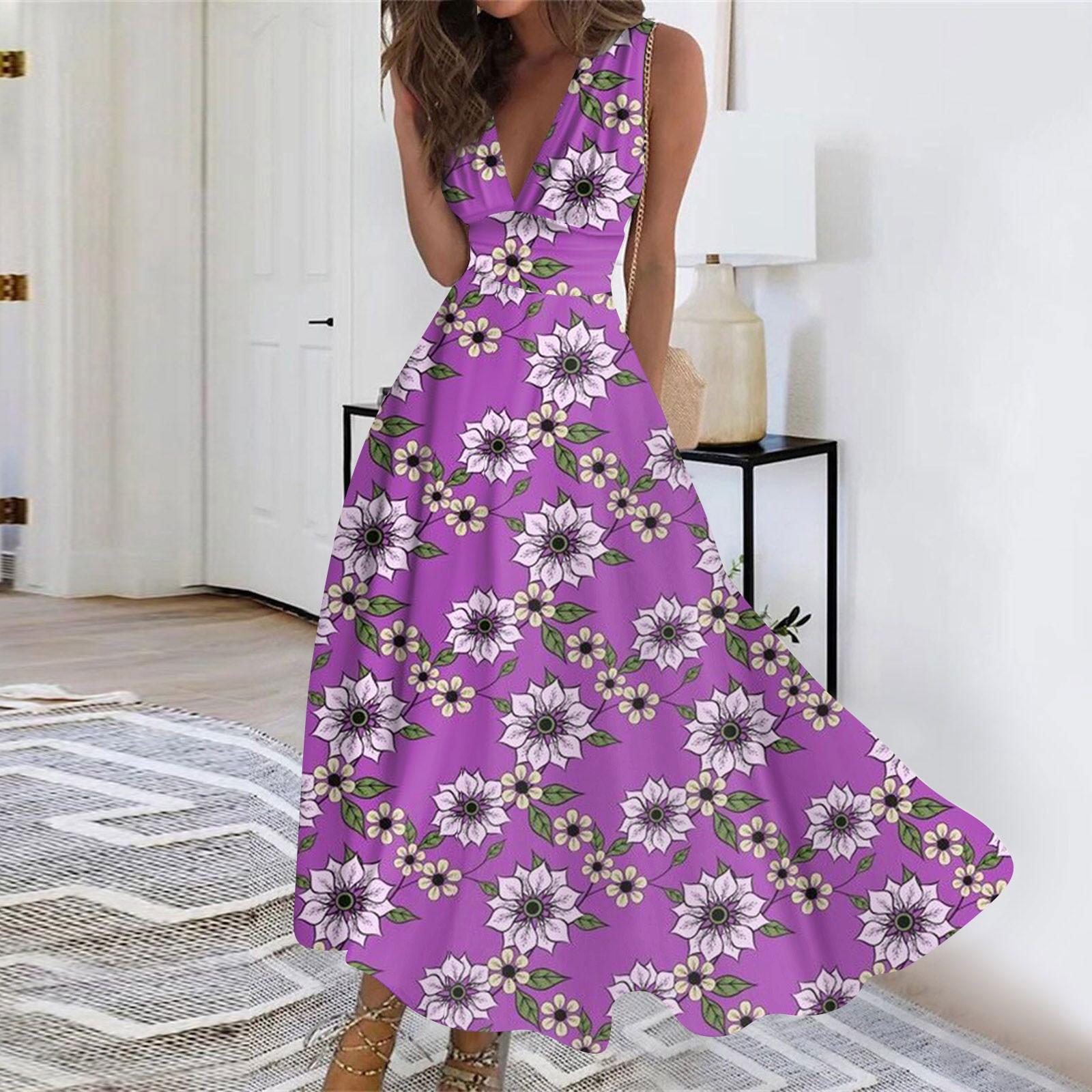 

Женское длинное платье Платье макси Повседневное платье Летнее повседневное платье без рукавов с v-образным вырезом в стиле бохо с талией в стиле ретро с принтом M фиолетовый