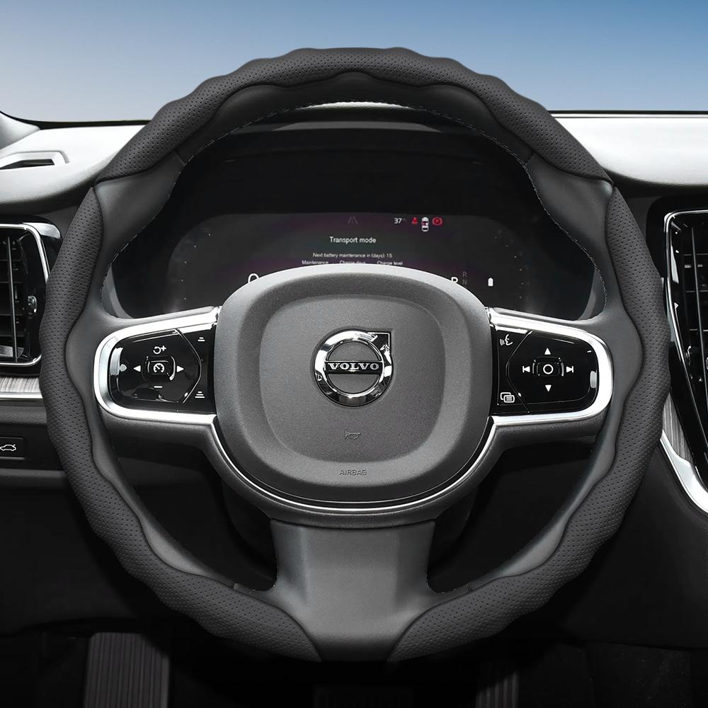 Steering Wheel Cover for Volvo, Wave-Shaped Sporty Design, Breathable Leather, Segmented, Non-Slip, Sweat-Absorb