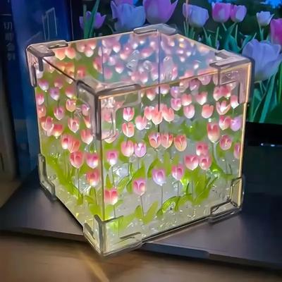 DIY Mer de Fleurs Nuage 3D Tulipe LED Veilleuse Miroir Lampes de Table Ornements de Chambre Décoration Miroir Lampes de Table Chevet Cadeau