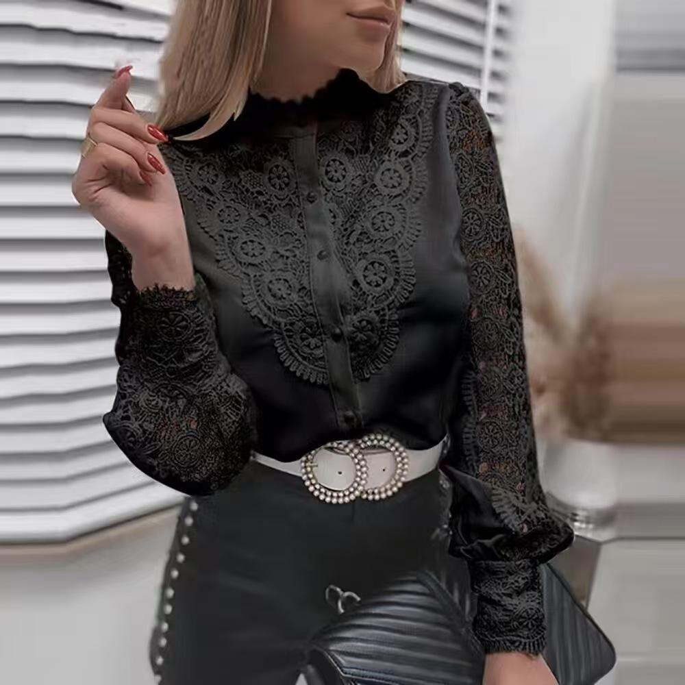 Women's Lace Blouse Long Sleeve Button Down Shirt Elegant Hollow Out Design Formal Office Wear