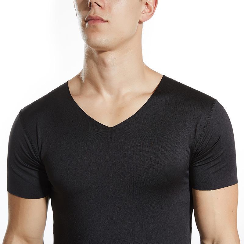 Bezešvé tričko s krátkým rukávem a výstřihem do V z ledového hedvábí, Slim Fit, Prodyšné, Jednobarevné