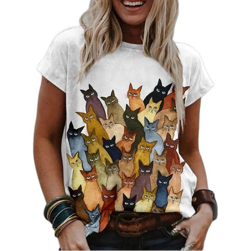 3D Cat Painting Women's T-shirt Cat Image Printing Round Neck Casual Summer Tops