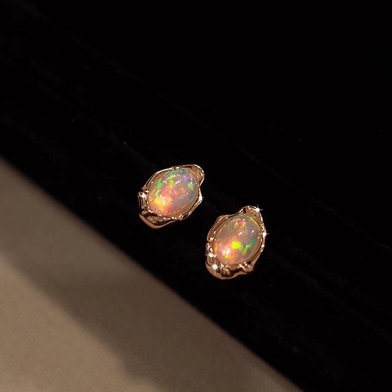 

PANJBJ 925 Sterling Silver Opal Earring for Women Sweet Romantic Moonstone Irregular Rose Gold Jewelry Gift Dropshipping