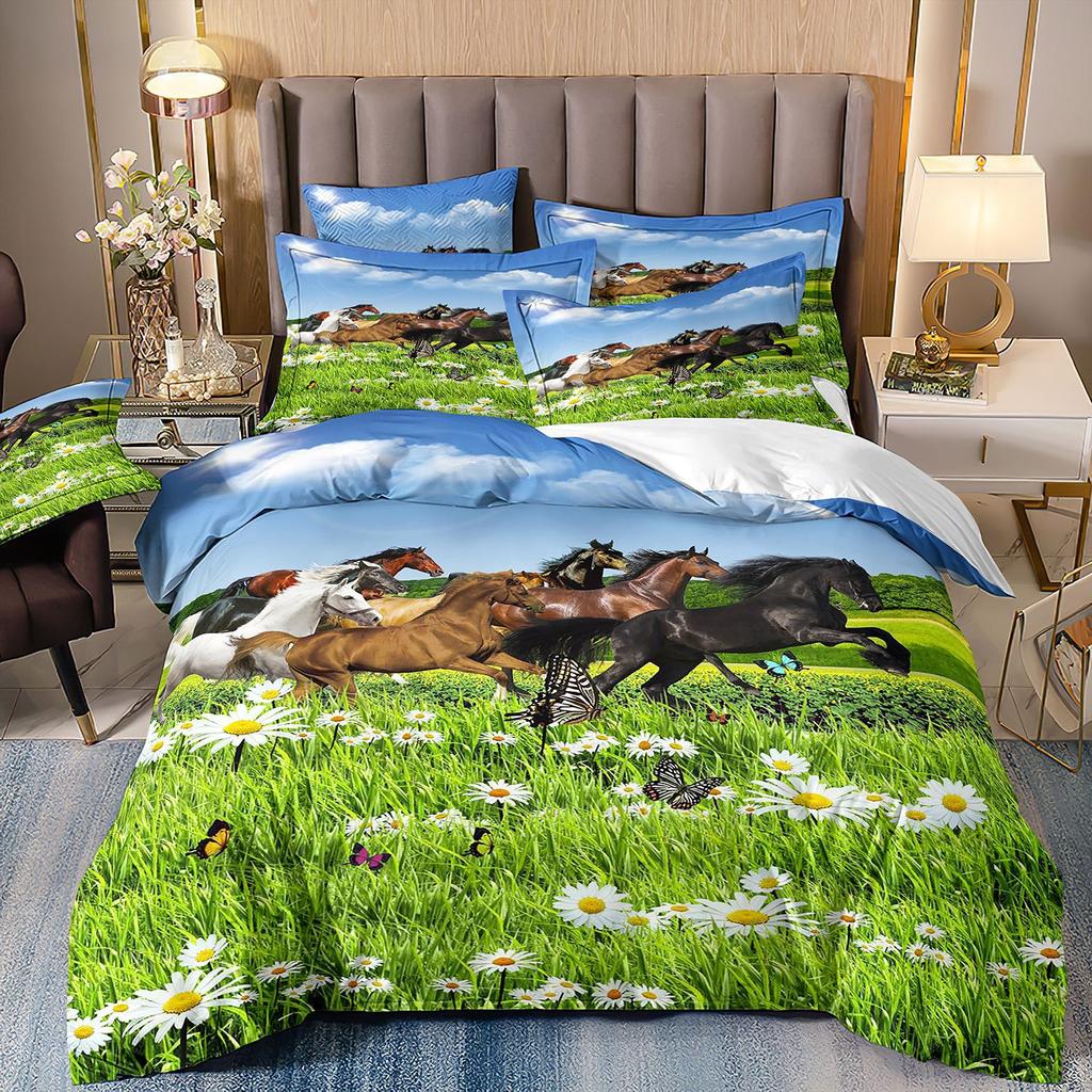 Horse Three-Piece Flower 3D Digital Printing Quilt Cover Bed Sheet Pillowcase Bedding Kit