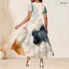 Women Plus Size Round Neck Short Sleeve Abstract Printed Gathered Waist A Line Long Dress